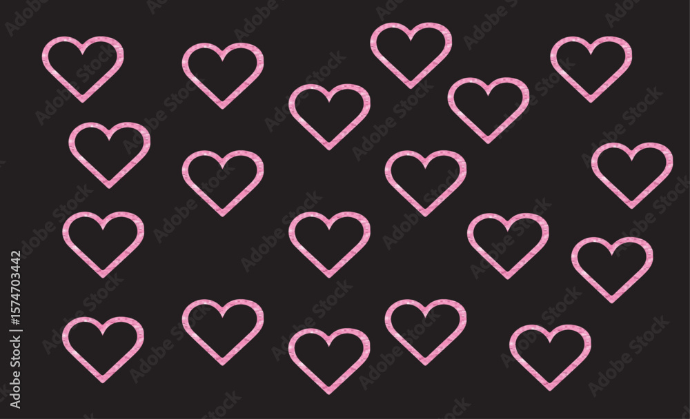 Poster pink heart outlines scattered across a dark background in a pattern style