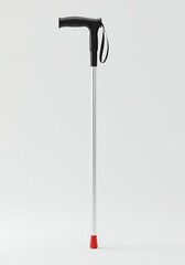 Silver Walking Stick with Black Handle and Red Tip on White Background