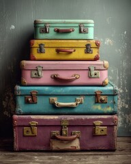 Stacked vintage suitcases in various colors against a textured wall, evoking nostalgia and travel themes.