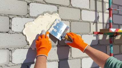 Person plastering wall with cement, using trowel and paintbrush, engaged in surface work. Concept of person plastering wall with cement, focusing on construction and repair. 