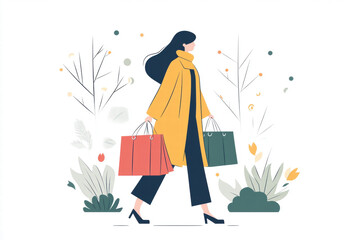 A woman is walking in a park with shopping bags