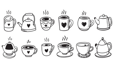 Coffee Cups and Tea Cups Doodles set