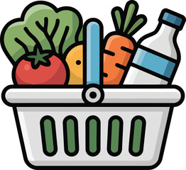 Naklejka premium Grocery Basket With Vegetables Fruit And Bottle Icon Representing Shopping Food Market Nutrition Healthy Lifestyle Freshness Illustration