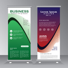 Creative roll Up banner template, Standee Design template, vertical banner template with green, blue and orange color. Presentation and Brochure Flyer. Vector eps 10