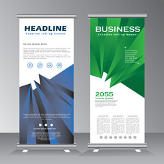 roll up banner stand design with abstract geometric colorful. green and blue standee design, vertical banner, x standee banner template. pull up banner, presentation and brochure flyer. vector eps 10