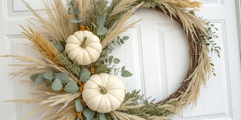 Festive halloween wreath hangs on a white wooden door, featuring pampas grass, eucalyptus leaves, and white pumpkins, creating a stylish and welcoming autumnal decoration with copy space