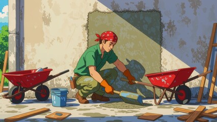 Person plastering wall with cement, surface work, using trowel with focused expression. Concept of person plastering wall with cement in vibrant retro style outdoors.