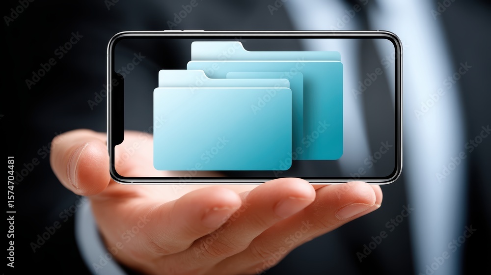 Poster closeup of hand holding smartphone displaying folder icon, data organization and access in the digit