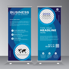 roll up banner vertical template design blue color, standee for business, flyer, infographics. stand banner, modern x-banner and flag-banner advertising with image space,  abstract vector illustration
