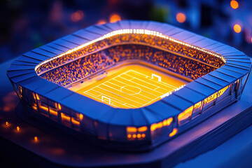 A model of a stadium with a soccer field and a crowd of people