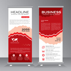 roll up banner vertical template design with red color, standee for business, flyer, infographics. stand banner, modern x-banner and flag-banner advertising. abstract vector illustration