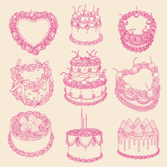 Set of vintage-style cake illustrations, minimalist line drawings in vector for bakeries, cafes, birthdays, cards, menus, pastries, or graphic design.