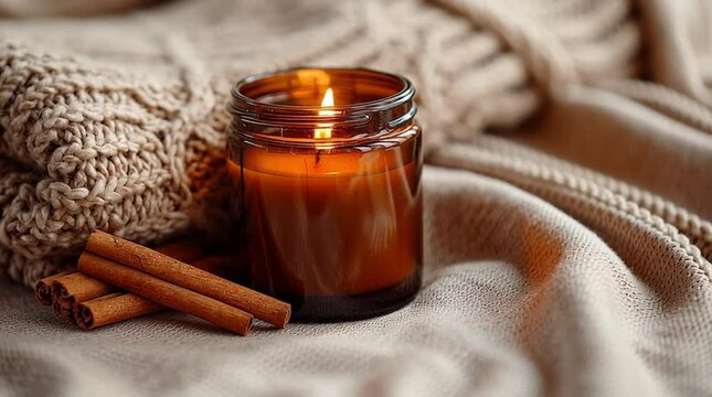 Scented candle and cinnamon on the background of a knitted sweater.