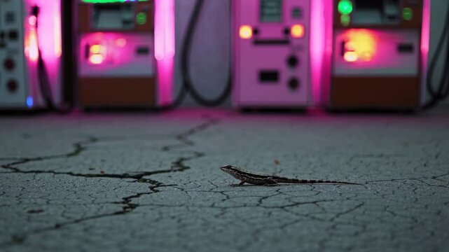 L&eacute;zard solitaire sur un sol craquel&eacute; pr&egrave;s de distributeurs lumineux