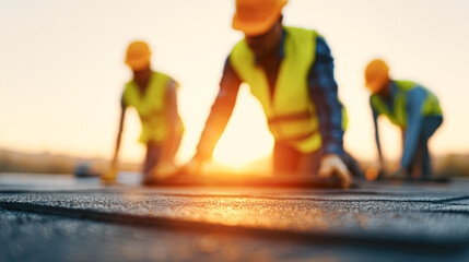 Construction workers in safety vests and helmets working on a rooftop during sunset, focusing on teamwork and manual labor.