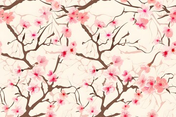 Seamless cherry blossom pattern, oriental style, pink sakura flowers on delicate brown branches, light background, traditional Japanese aesthetic, elegant floral design, tileable pattern