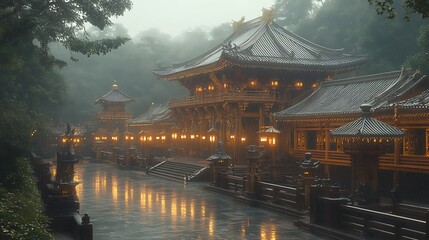 Misty temple complex bathed in warm, golden light.