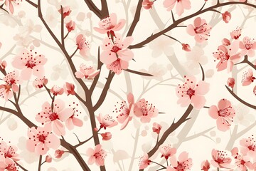 Seamless cherry blossom pattern, oriental style, pink sakura flowers on delicate brown branches, light background, traditional Japanese aesthetic, elegant floral design, tileable pattern