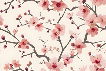 Seamless cherry blossom pattern, oriental style, pink sakura flowers on delicate brown branches, light background, traditional Japanese aesthetic, elegant floral design, tileable pattern