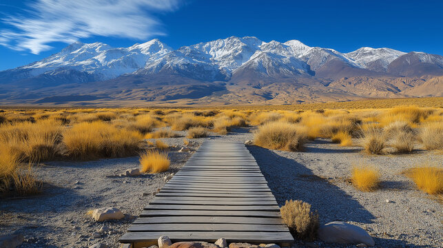 Wooden boardwalk leads through golden dry grass towards snow capped mountains under blue sky