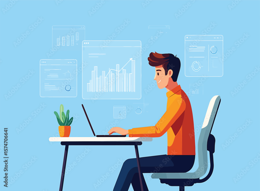 Poster data analyst working on laptop, analyzing charts and graphs