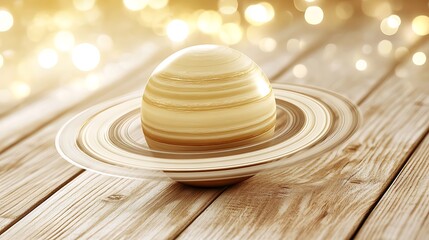 Saturn planet with rings displayed on a wooden surface.