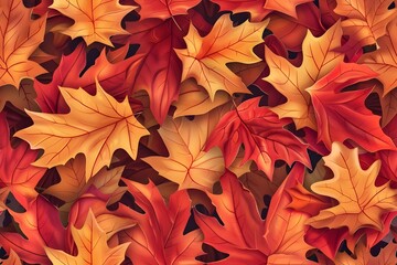 Seamless autumn leaves pattern, maple and oak leaves, warm fall colors, red, orange, yellow, natural texture, soft background, seasonal design, tileable pattern
