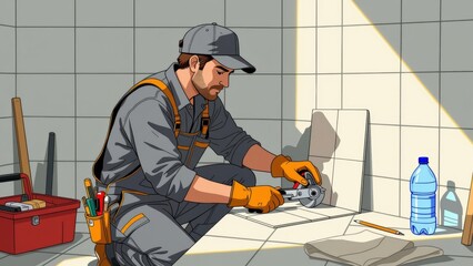 Person tiling bathroom walls, covering tiled surface, kneeling with circular saw. Concept of person tiling bathroom walls in modern bathroom, focused on detail in bright colors.