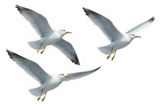 Three white seagulls with grey wingtips gracefully soaring through the air in flight isolated on transparent background