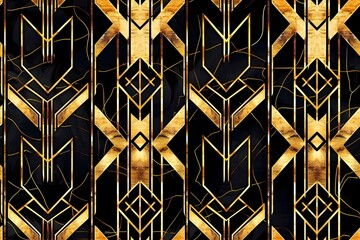 Seamless Art Deco pattern, geometric symmetry, bold lines and shapes, 1920s style, black and gold, luxury design, clean elegant tile, tileable texture