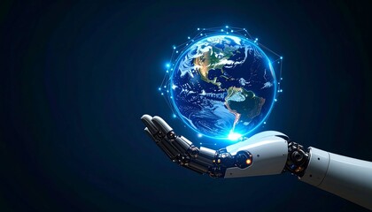 Robotic hand holding a glowing planet Earth, dark background, futuristic technology, artificial intelligence concept, sci-fi style, highly detailed, dramatic lighting
