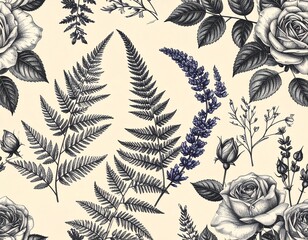 wrapping paper pattern with detailed botanical sketches of roses, ferns, and lavender in black ink