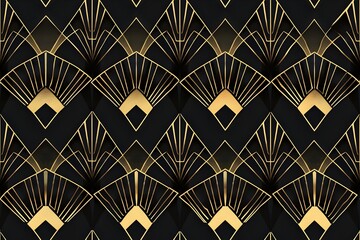 Seamless Art Deco pattern, geometric symmetry, bold lines and shapes, 1920s style, black and gold, luxury design, clean elegant tile, tileable texture