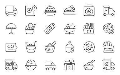 Food Delivery and Service Line Icons: Modern Restaurant, Takeout, and Logistics Vector Graphics for Online Ordering and Meal Solutions