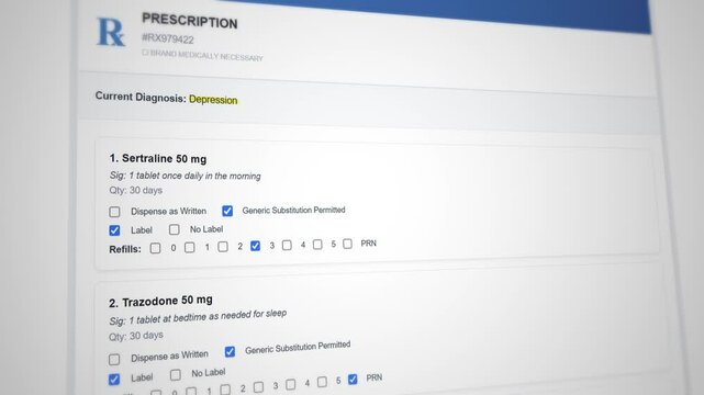 Medical prescription template form for Depression. Online prescription management interface displaying medication details and dosage options