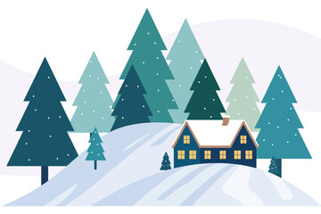 Naklejka premium Wooden cabin nestled in snow with pine forest