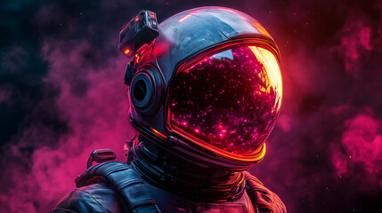 Astronaut in a vibrant cosmic environment exploring the universe with a glowing helmet and colorful nebulae