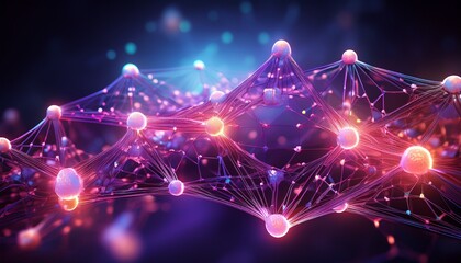 stylized glowing molecular network in shades of purple and pink representing nanotechnology chemistry and futuristic scientific visualization