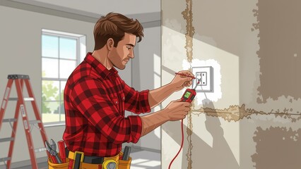 Person wiring switc, focused on electrical work, using multimeter on outlet. Concept of person wiring switc emphasizes importance of safety in electrical work environment.