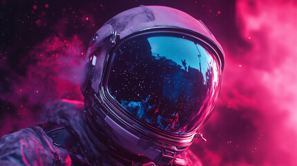Vibrant cosmic landscape with astronaut in space suit reflecting stars and colors