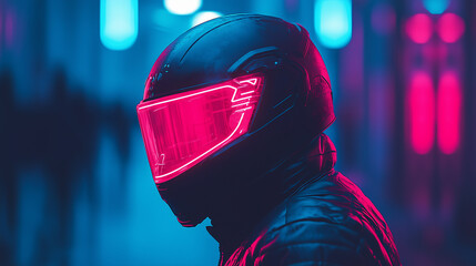 Futuristic motorcyclist in neon-lit urban environment at night with glowing helmet