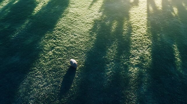 Aerial drone shot of a football on grass at sunrise sports photography tranquil environment unique perspective