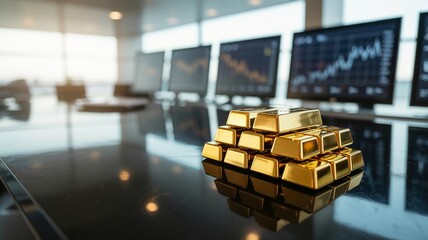 Golden Ingots Stacked on a Polished Surface in a Modern Office