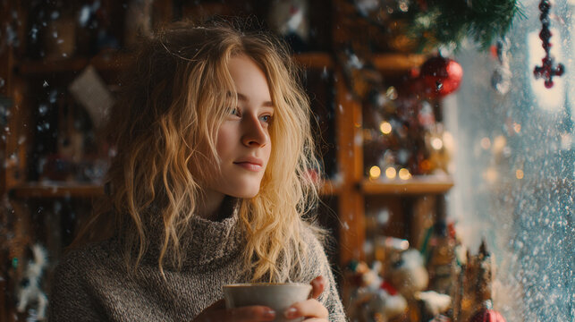 Young woman with blonde hair wearing cozy sweater holds cup, gazing thoughtfully out window on snowy winter day, surrounded by festive Christmas decorations