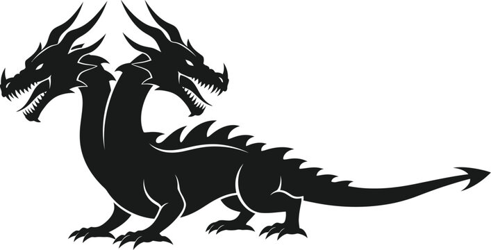 A black silhouette of a two headed dragon with sharp teeth and a spiky back crest