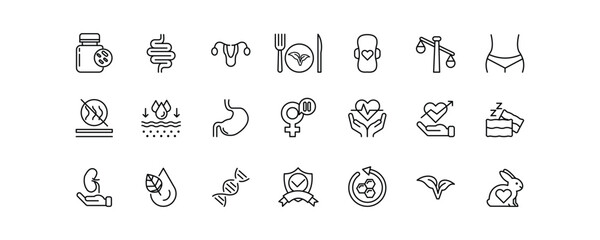 Editable stroke icon set about feminine health, intimate care, probiotics, and vaginal wellness. Ideal for packaging and medical infographics.