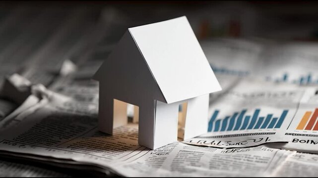 A small model house sits on top of scattered financial newspapers with charts and listings in the background.