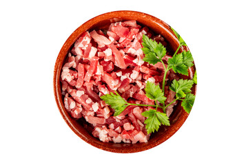 Bacon cubes smoked chopped meat small pieces fresh delicious gourmet food background on table rustic food top view copy space