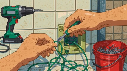 Person wiring switc with electrical work tools, holding screwdriver and cable. Concept of person wiring switc in vibrant setting with green electrical outlet and nails.