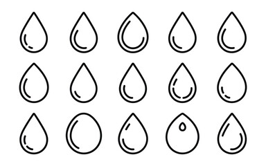 Set of Diverse Water Drop Outline Icons Vector Illustration - Minimalist Hand-Drawn Liquid Symbols Collection for Hydration, Purity, Rain, and Natural Design Elements